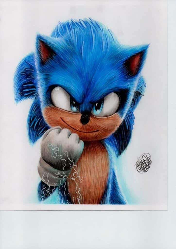 Blue cartoon hedgehog with clenched fist, surrounded by electric energy, looking determined.