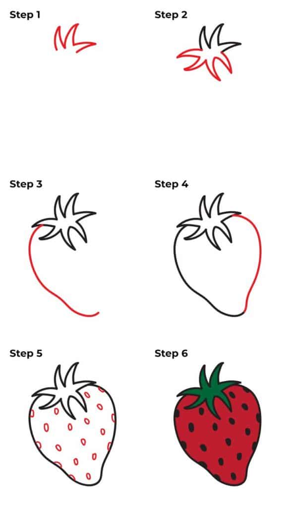 Step-by-step guide to drawing a strawberry, from outline to coloring.