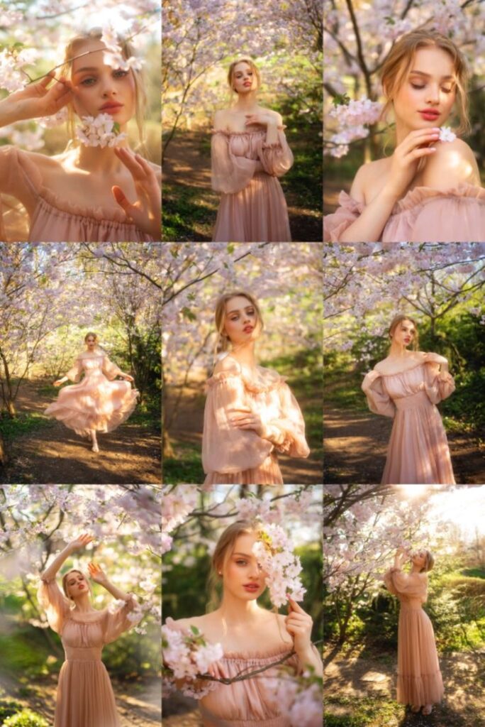 5f5dd6fd-1f9a-4cc0-9c3f-932f72a9147f Woman in a flowy pink dress among cherry blossoms, exuding elegance and nature beauty. | Sky Rye Design Woman in a flowy pink dress among cherry blossoms, exuding elegance and nature beauty.