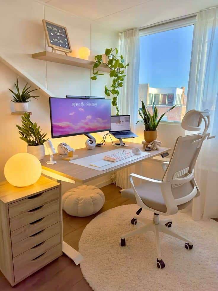 Modern home office with ergonomic chair, dual monitors, plants, and warm lighting by a large window. Cozy workspace setup.