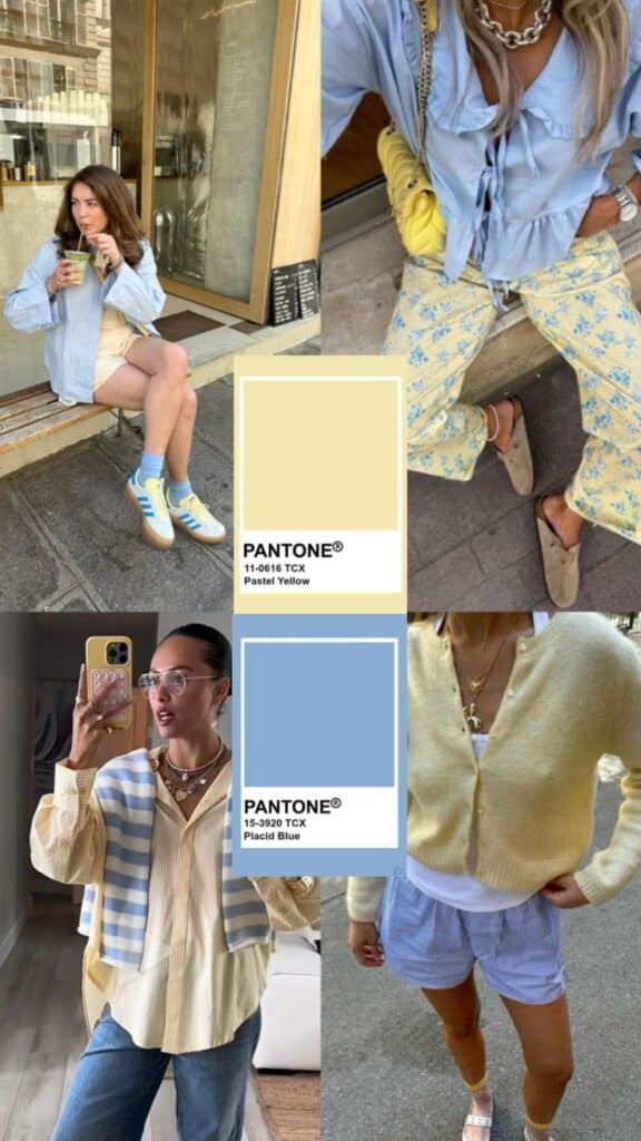 Fashion collage featuring pastel yellow and placid blue outfits inspired by Pantone colors; casual street style.