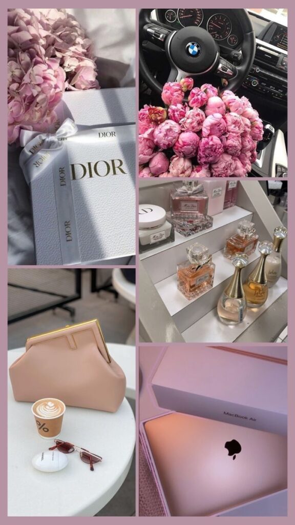 Luxury lifestyle collage with Dior gifts, pink roses, perfume collection, designer bag, sunglasses, and laptop.