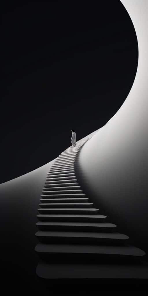 Abstract spiral staircase with a lone figure in white, set against a dark, minimalist background.