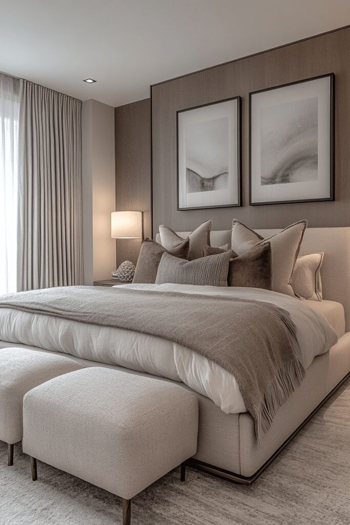 Elegant modern bedroom with soft neutral tones, cozy bed, pillows, framed art, and ambient lighting.