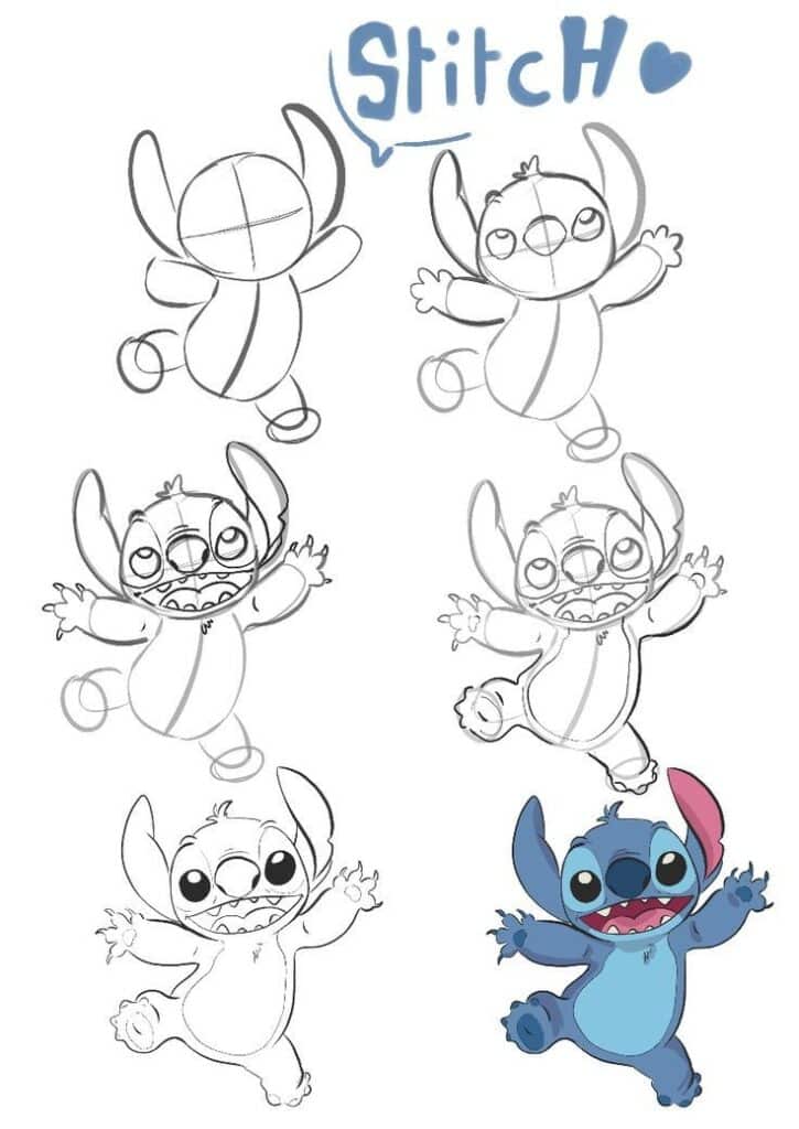 Step-by-step drawing process of a blue alien character, from sketch to color.