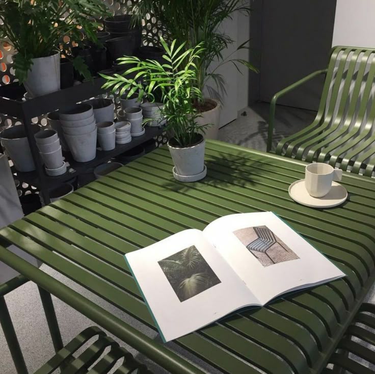 Open book on a green metal table with potted plants and a coffee cup, creating a relaxing indoor garden scene.