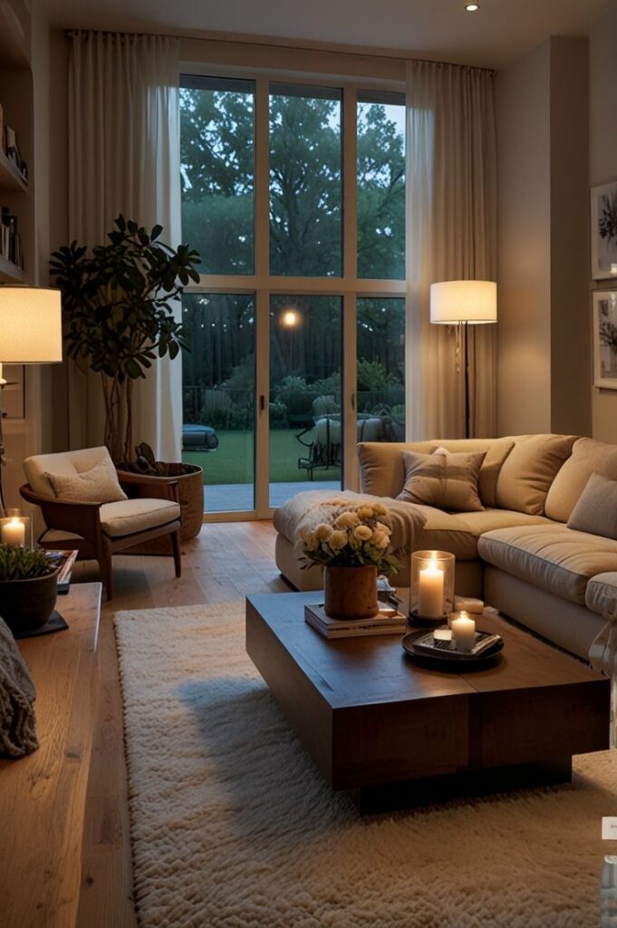 Cozy living room with modern decor, large windows, candles, and plush seating, overlooking a garden through glass doors.