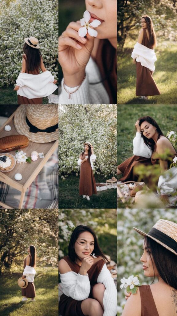 Collage of a woman enjoying a spring day, wearing a brown dress, white cardigan, and straw hat in a blossom garden.