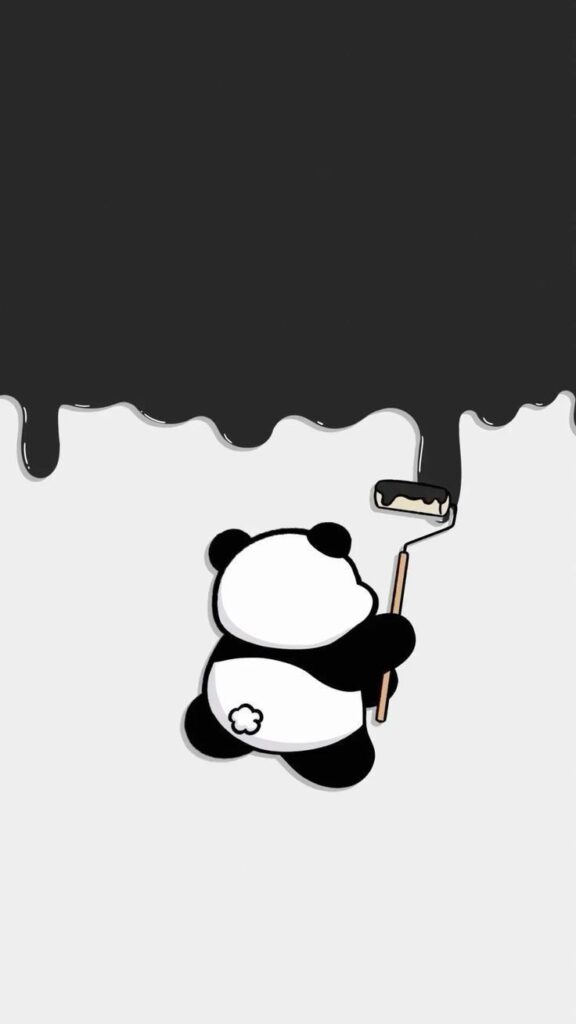 Cute panda painting wall black with roller, creative cartoon illustration.
