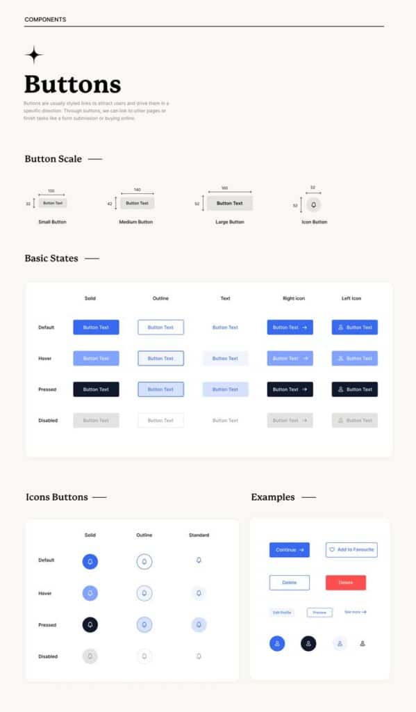 UI button design variations showcasing different sizes, states, and icons for effective user interaction.
