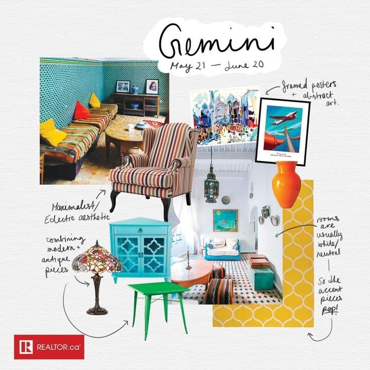 Gemini interior design collage with eclectic, maximalist style, vibrant colors, abstract art, and vintage-modern furniture.