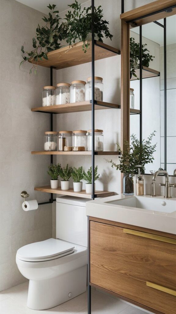 Modern bathroom with wooden shelves, plants, and storage jars. White toilet, sink, and paper roll holder. Cozy decor.