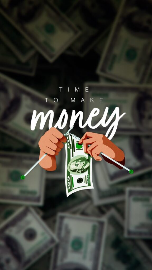 _ 62 Illustration of hands knitting money with text 'Time to make money' on a background of dollar bills. | Sky Rye Design Illustration of hands knitting money with text 'Time to make money' on a background of dollar bills.