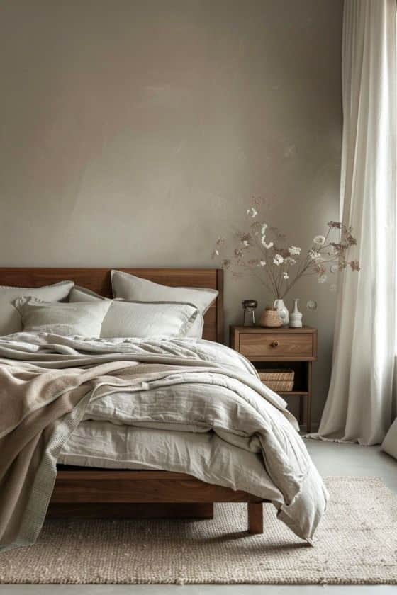 Cozy minimalist bedroom with wooden bed, soft bedding, side table with vase, and natural light through curtains.