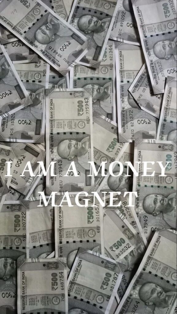 _ 63 Indian 500 rupee notes with I Am A Money Magnet text overlay, symbolizing wealth attraction. | Sky Rye Design Indian 500 rupee notes with I Am A Money Magnet text overlay, symbolizing wealth attraction.