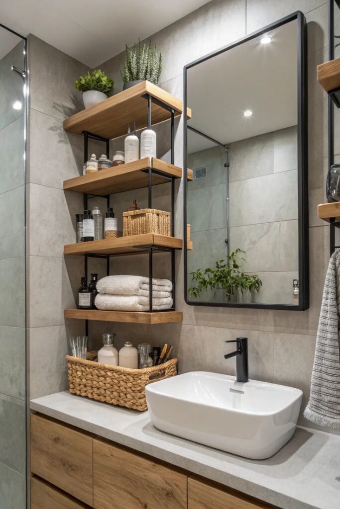 643060619b2c22c26518092535126db8 Modern bathroom with open wooden shelves, a white vessel sink, and stylish decor elements for an organized look. | Sky Rye Design Modern bathroom with open wooden shelves, a white vessel sink, and stylish decor elements for an organized look.