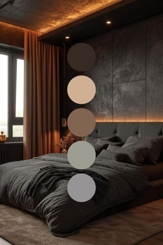 Modern bedroom with moody colors and ambient lighting, featuring a cozy bed and earthy color palette.