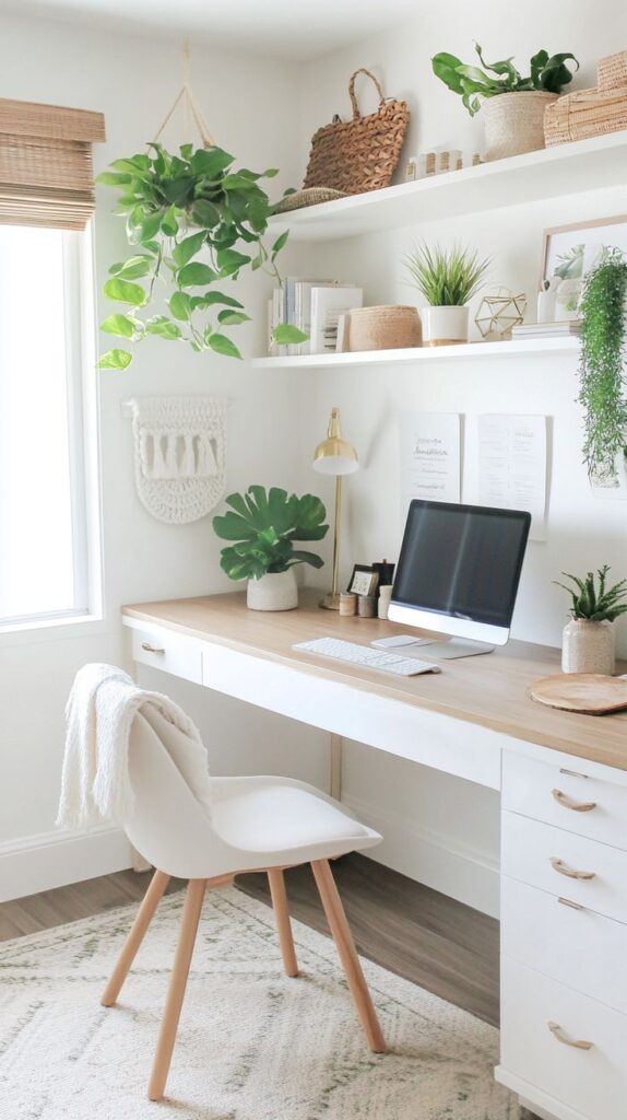 Modern home office with plants, wooden desk, chair, computer, and decor, creating a fresh and serene workspace.