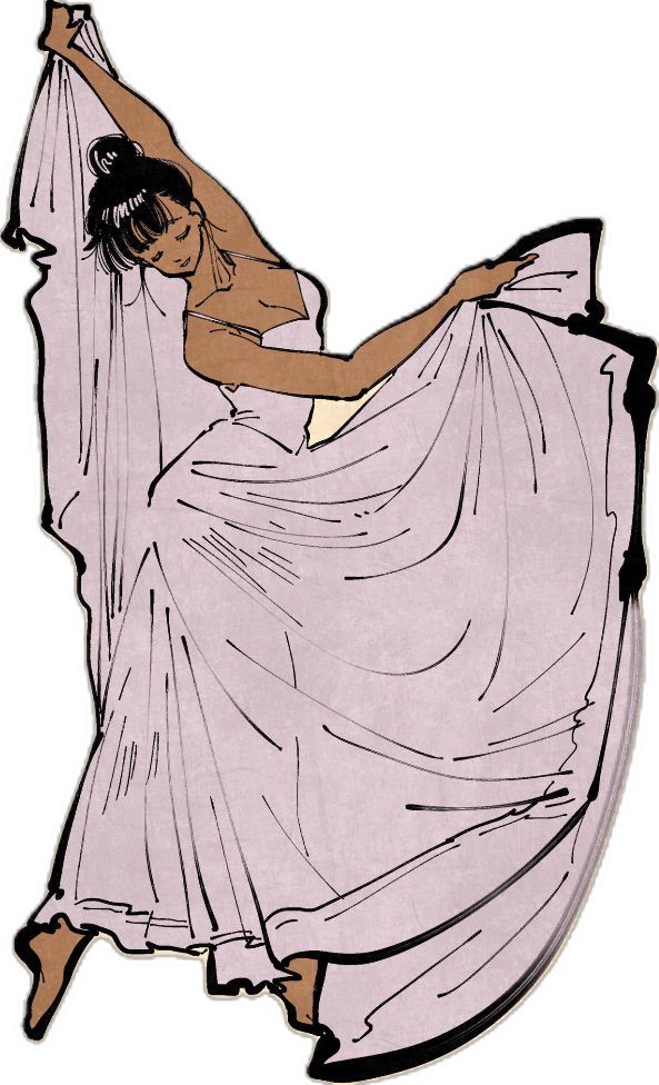 Illustration of a graceful dancer in motion, wearing a flowing lilac dress and striking an elegant pose.