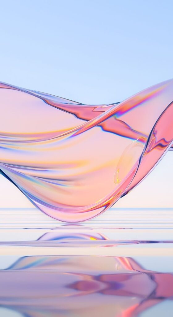 Abstract colorful glass wave with pastel hues reflecting on a calm surface under a clear sky.