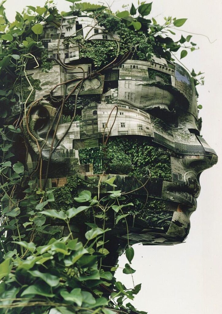 Sculpture made of building photos and plants, forming a human face with lush greenery, depicting nature and architecture fusion.