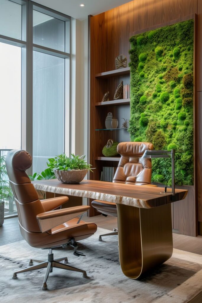 Modern office with leather chairs, wooden desk, and vertical moss wall.