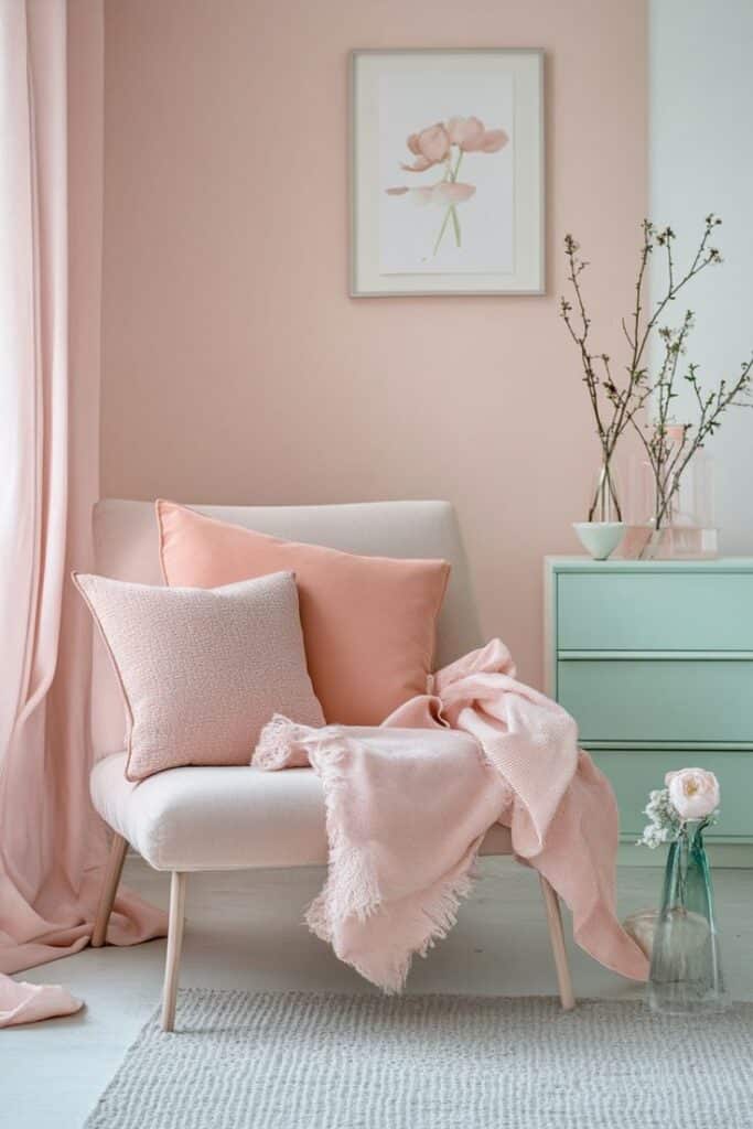 Cozy pastel living room with a pink chair, cushions, blanket, floral art, and a mint green dresser.
