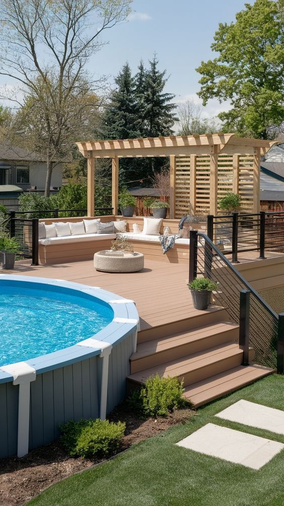 Modern backyard with a round above-ground pool, wooden deck, pergola, and cozy seating area.