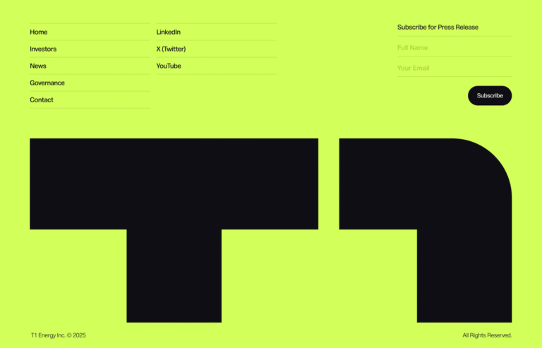 682de82a7482cfb2fdbc09ba_t1energy-desktop Website menu and subscription form on bright green background for T1 Energy Inc., with social media links and logo. | Sky Rye Design Website menu and subscription form on bright green background for T1 Energy Inc., with social media links and logo.