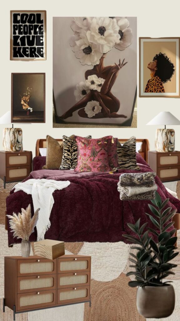 Stylish bedroom with art, textured bedding, and eclectic decor in a cozy, modern design atmosphere.