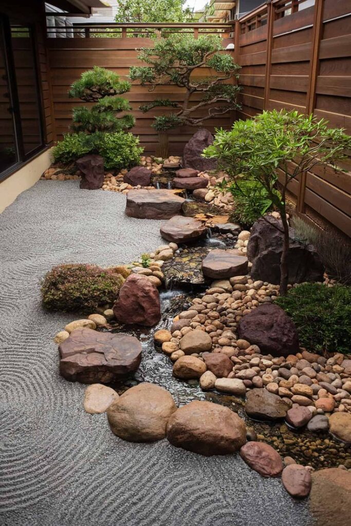 68822c9b-f32d-470c-9df5-6b3875040a40 Serene Japanese rock garden featuring raked gravel, lush greenery, and a peaceful stream with surrounding stones. | Sky Rye Design Serene Japanese rock garden featuring raked gravel, lush greenery, and a peaceful stream with surrounding stones.