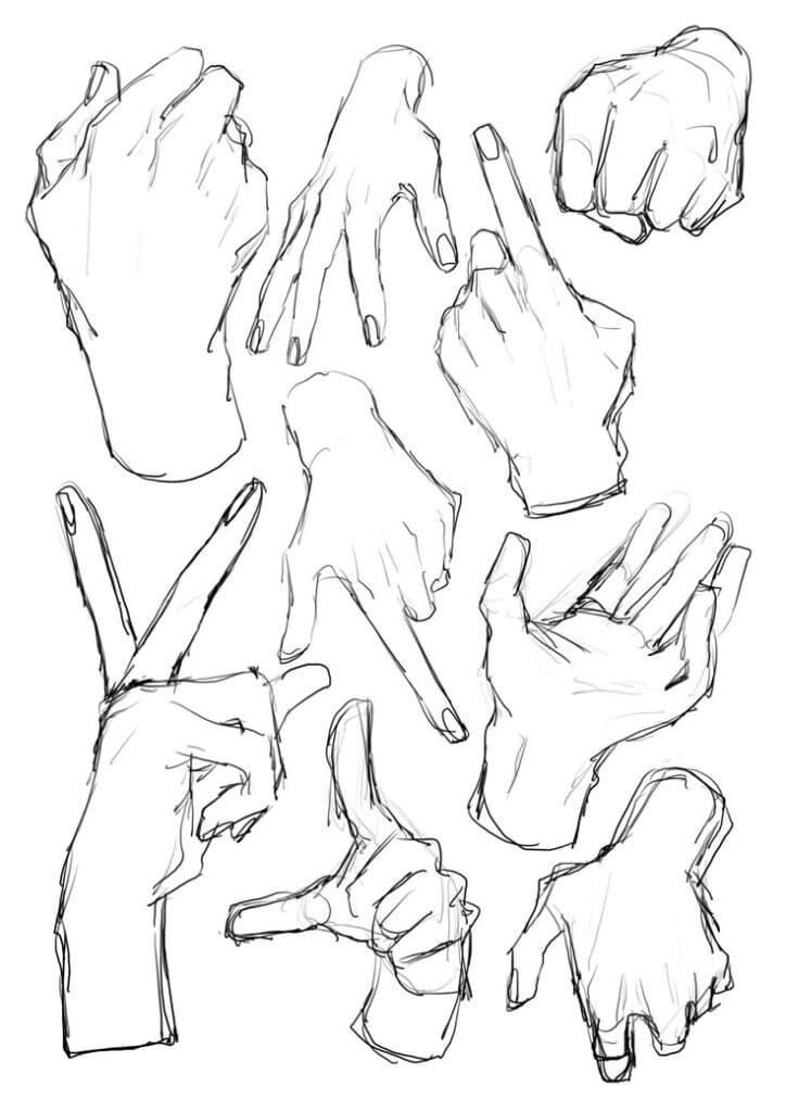 Drawing of various hand gestures in pencil sketch style, showcasing different poses and finger positions.
