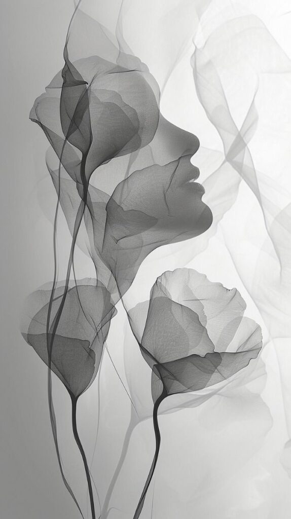 Abstract silhouette of a face intertwined with delicate, translucent flowers in grayscale.