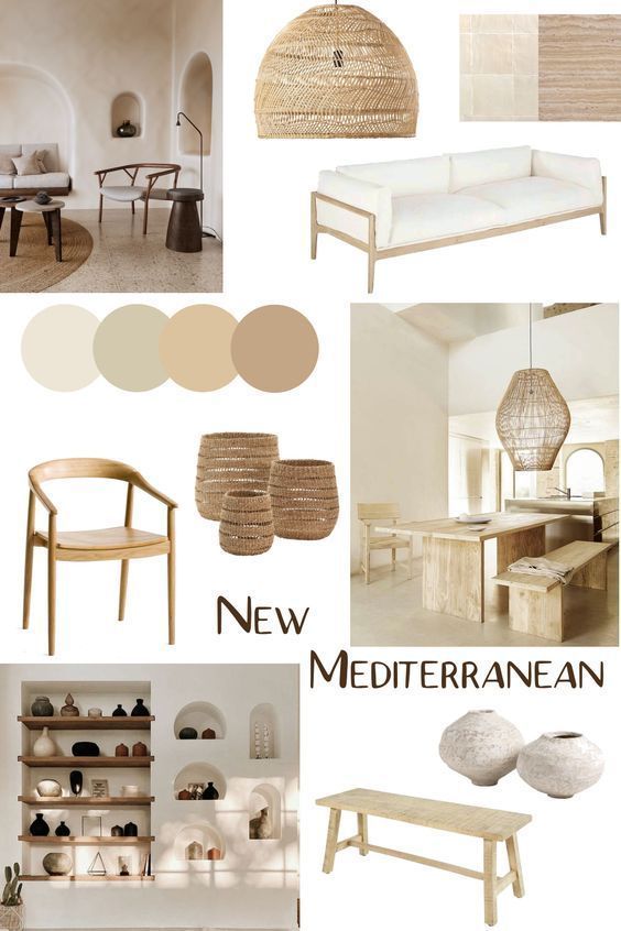 New Mediterranean interior design collage with neutral tones, wicker accents, wooden furniture, and ceramic decor.