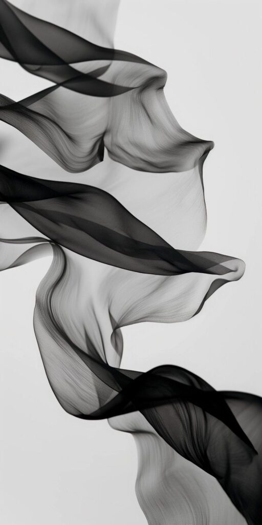 Elegant black and white sheer fabric swirls gracefully, creating a dynamic, flowing abstract pattern on a white background.