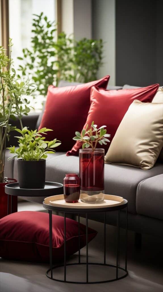 Stylish living room with red cushions, plants, and modern decor on a gray sofa. Cozy and inviting atmosphere.