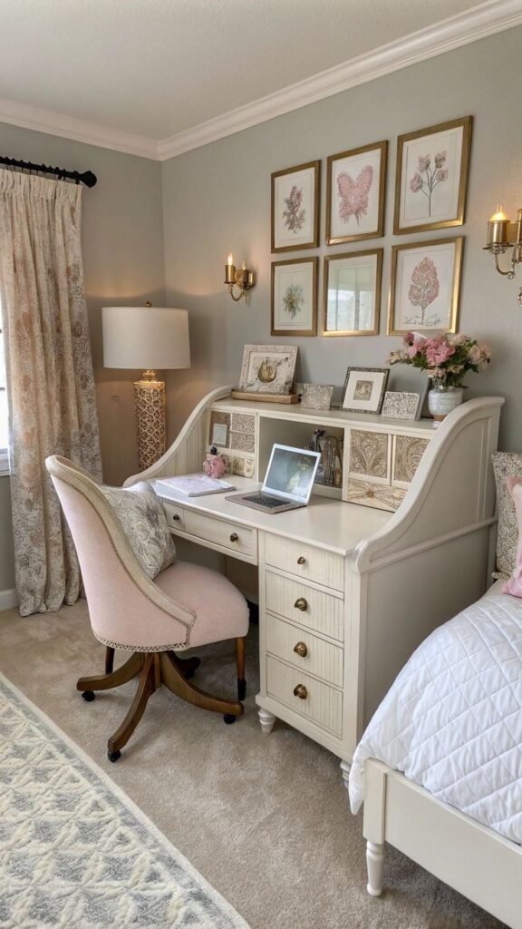 Elegant home office with vintage desk, pink chair, laptop, and floral art on the wall, creating a cozy workspace.