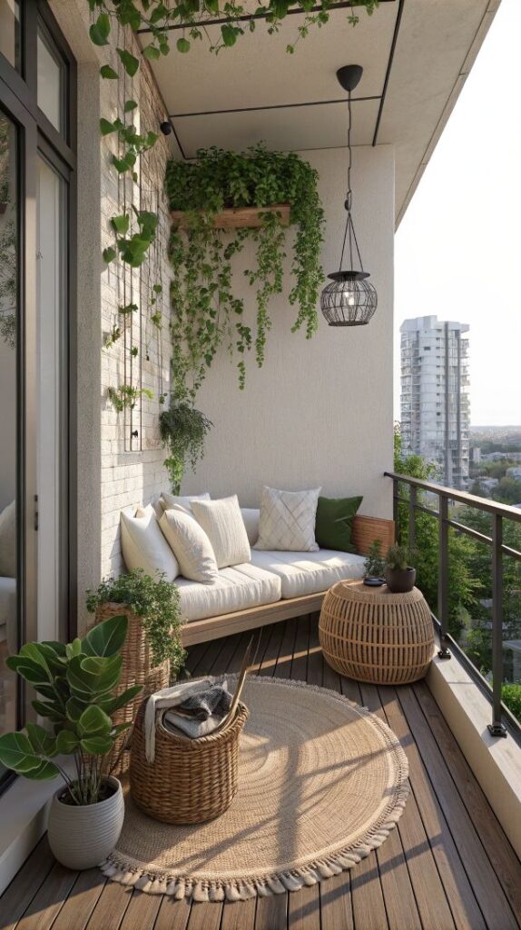 Cozy balcony with plants, wicker furniture, and a sofa, offering a relaxing spot with a city view.