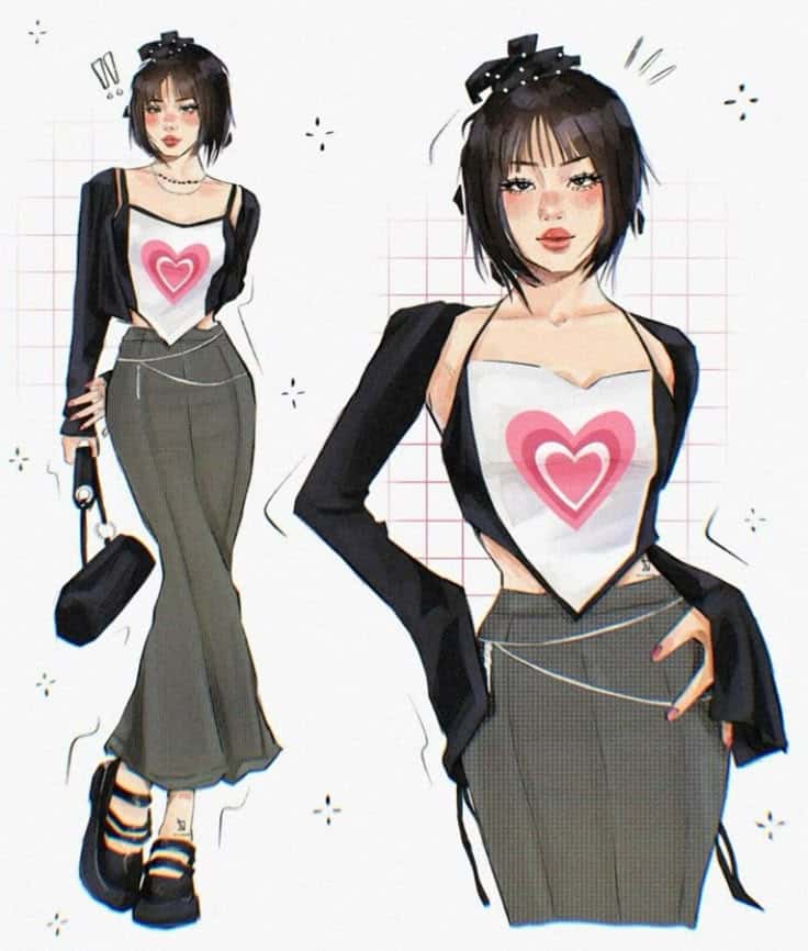Trendy anime girl in stylish outfit with heart top, long skirt, and black accessories, showcasing modern fashion.