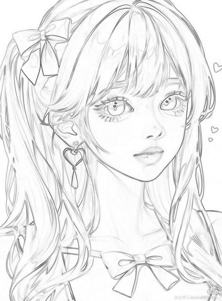 Anime girl sketch with long hair, heart earring, and bow accessory. Elegant and detailed character drawing.