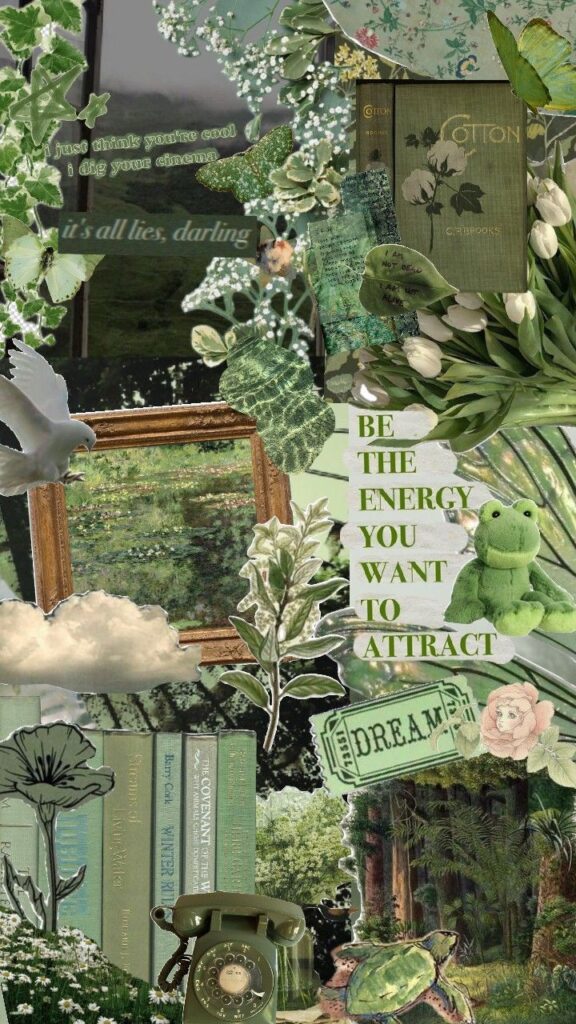 Vintage green collage with quotes, plants, telephone, and frog plushie. Dreamy aesthetic and motivational vibes.