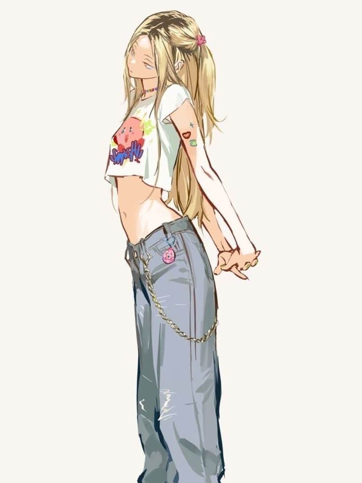 Anime girl with long blonde hair, wearing a crop top and baggy jeans. Vibrant and stylish urban fashion illustration.