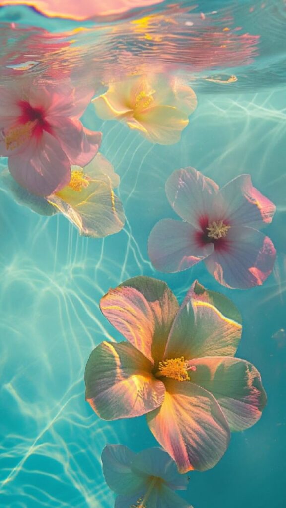 Colorful hibiscus flowers floating in clear blue water with soft sunlight reflections.