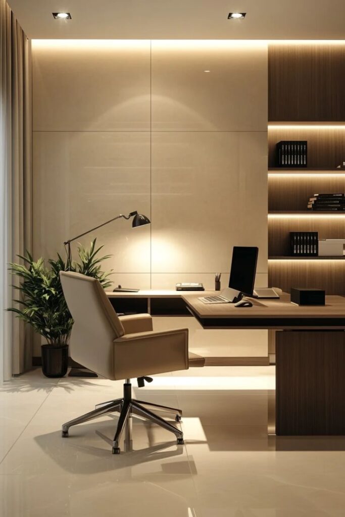 Modern office interior with a sleek desk, chair, computer, and warm lighting, featuring plants and wooden shelves.