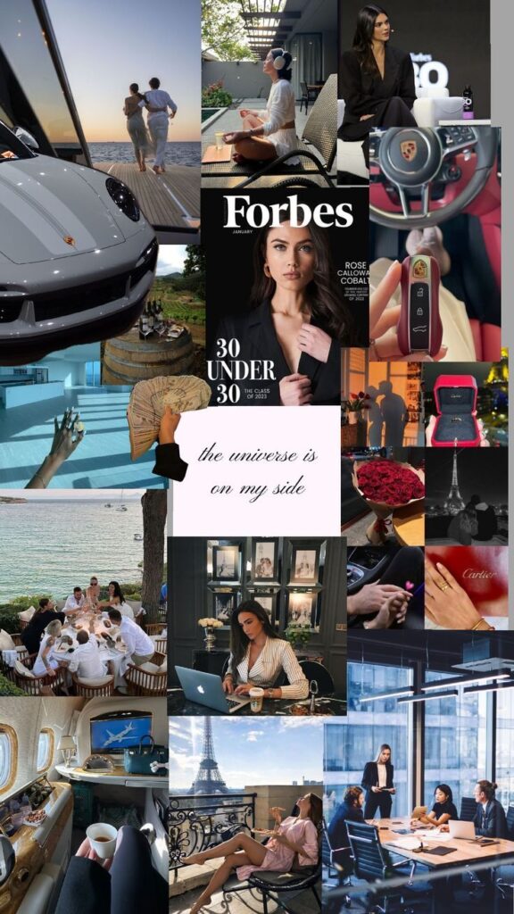 Collage of luxury lifestyle, travel, work, and success, including Porsche, Eiffel Tower, and Forbes cover.