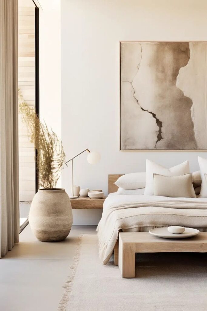 Minimalist bedroom with neutral palette, featuring cozy bed, large artwork, and potted plant for serene ambiance.