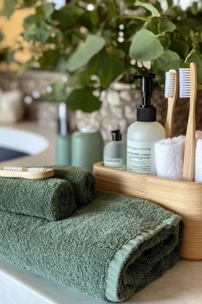 Green towels, bamboo toothbrushes, and toiletries on a bathroom counter with plants in the background.