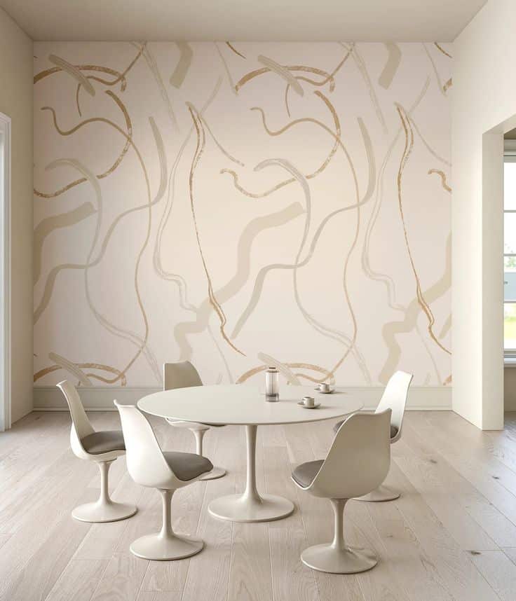Modern dining area with white round table, four chairs, and abstract wall art on a light wood floor.
