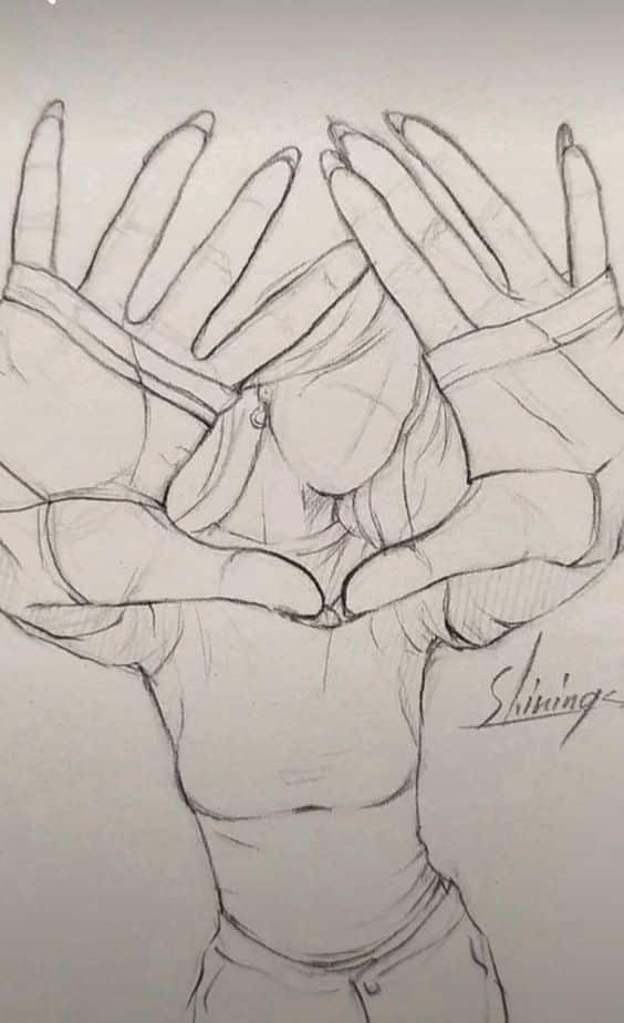 Sketch of person hiding face with hands forming a triangle, wearing casual clothing.