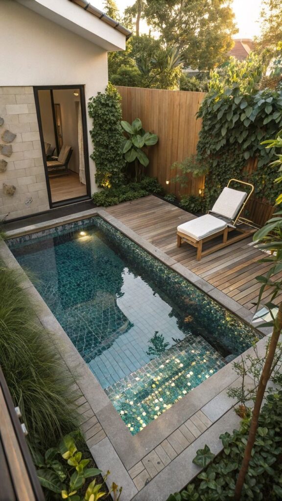 Cozy backyard with a tranquil pool and lounge chair, surrounded by lush greenery, perfect for relaxing outdoors.